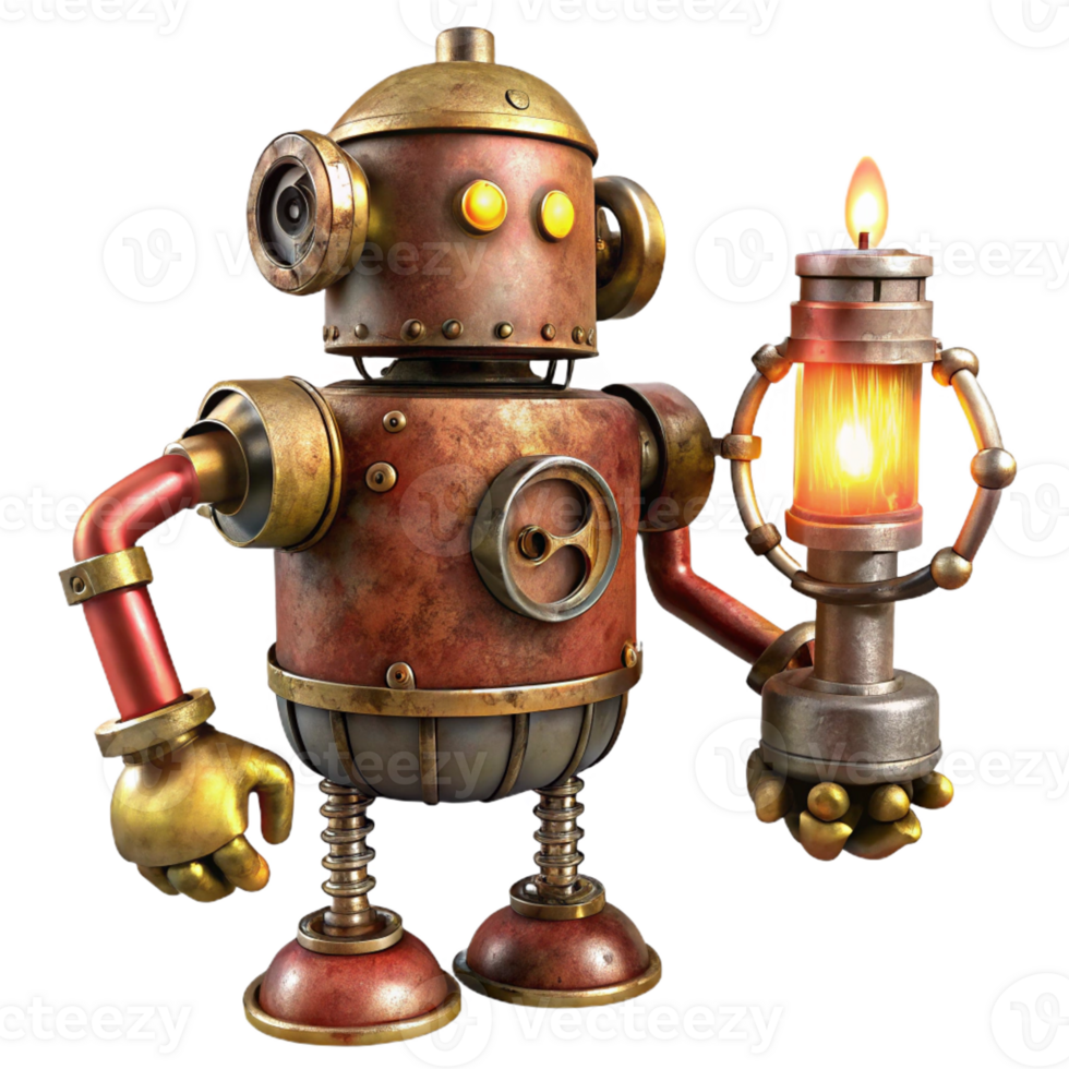 wonderful abstract A rusty, steampunk robot with exposed gears and brass pipes, holding a flickering oil lamp, in a dimly lit workshop with volumetric lighting. Illustration style premium png