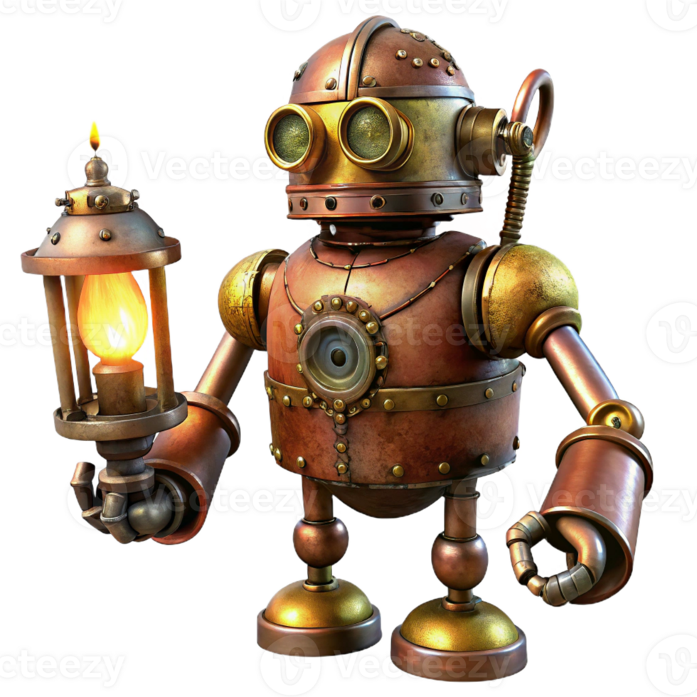 vibrant rustic A rusty, steampunk robot with exposed gears and brass pipes, holding a flickering oil lamp, in a dimly lit workshop with volumetric lighting. Illustration style authentic png