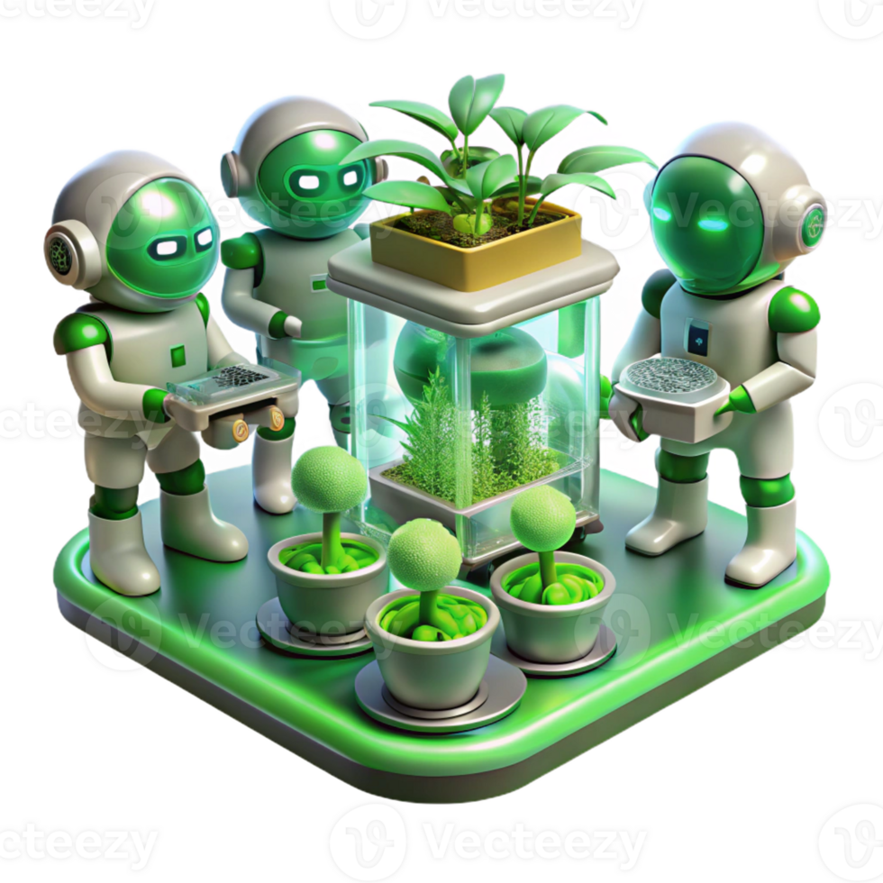 vibrant abstract A group of robots tending to a futuristic hydroponic farm, glowing plants growing in vertical rows, bathed in the green light of the grow lamps. Biopunk style 4K png