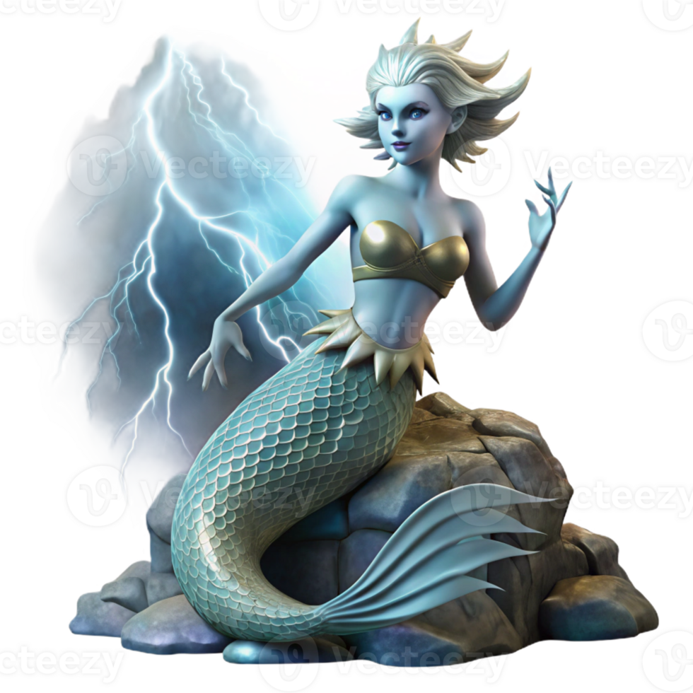 impressive minimalist An elegant siren with shimmering scales and hypnotic eyes, perched on a jagged rock amidst a stormy sea, lit by dramatic lightning, in a Romantic painting style professional png