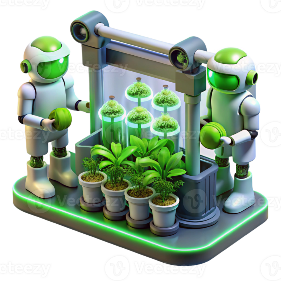 stunning vintage A group of robots tending to a futuristic hydroponic farm, glowing plants growing in vertical rows, bathed in the green light of the grow lamps. Biopunk style original png