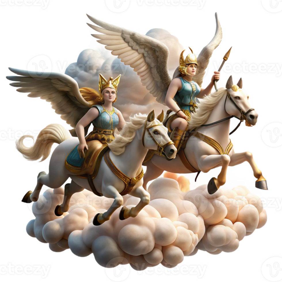 extraordinary rustic A group of Valkyries riding winged horses, carrying fallen warriors to Valhalla, dramatic sky with swirling clouds. Norse mythology style exclusive png