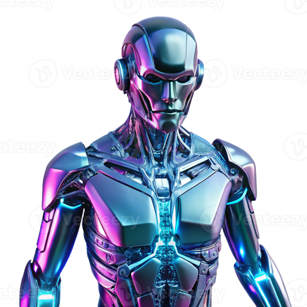 wonderful modern A futuristic, humanoid robot with translucent panels revealing complex inner workings, bathed in pulsating neon light, in a cyberpunk style exclusive png