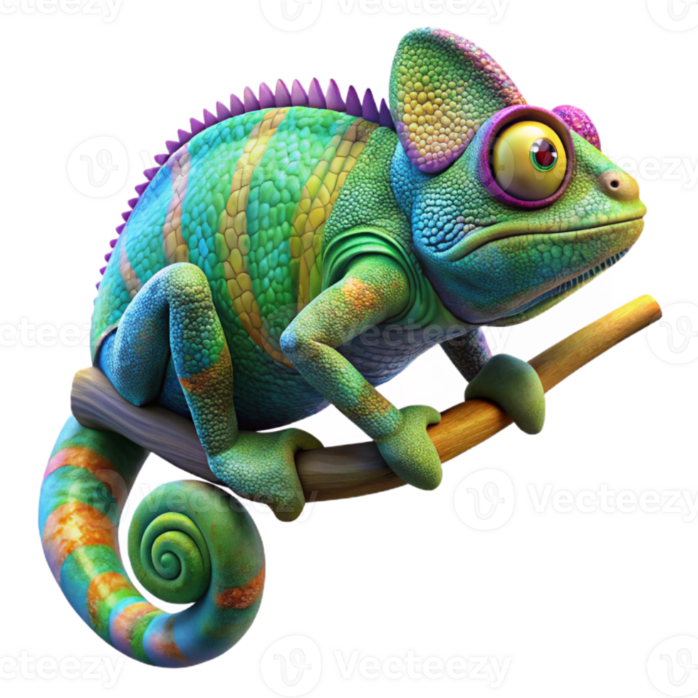 vibrant artistic A colorful chameleon camouflaged against a leafy branch, with intricate patterns and textures, in a detailed, macro photography style high resolution png