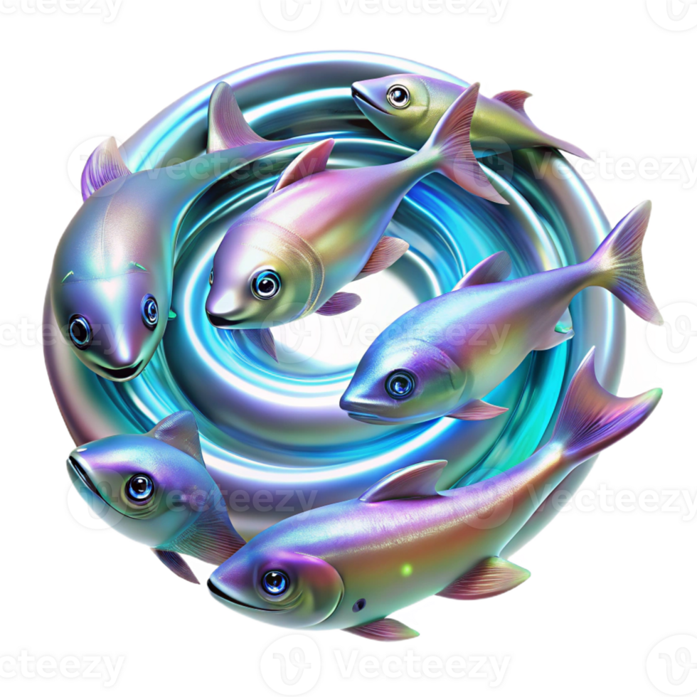 beautiful modern A school of iridescent fish swimming through a vortex of liquid light, with trails of neon stardust, Psychedelic Pop Art style genuine png
