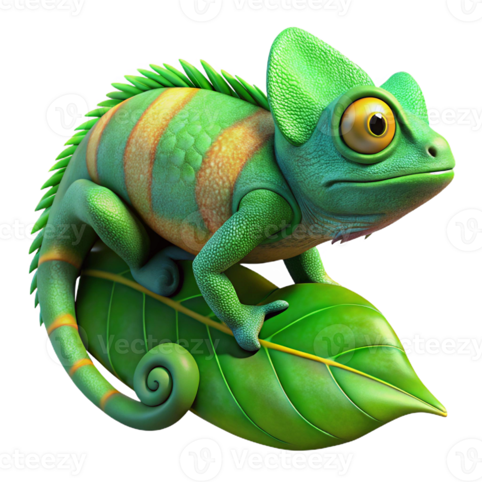 impressive contemporary A chameleon perched on a bright green leaf, its skin a mosaic of vibrant colors, in a nature documentary style detailed png