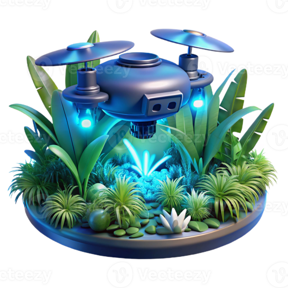 beautiful classic A hovering drone with glowing blue lights, scanning a dense jungle, overgrown with bioluminescent plants, dark and mysterious atmosphere original png