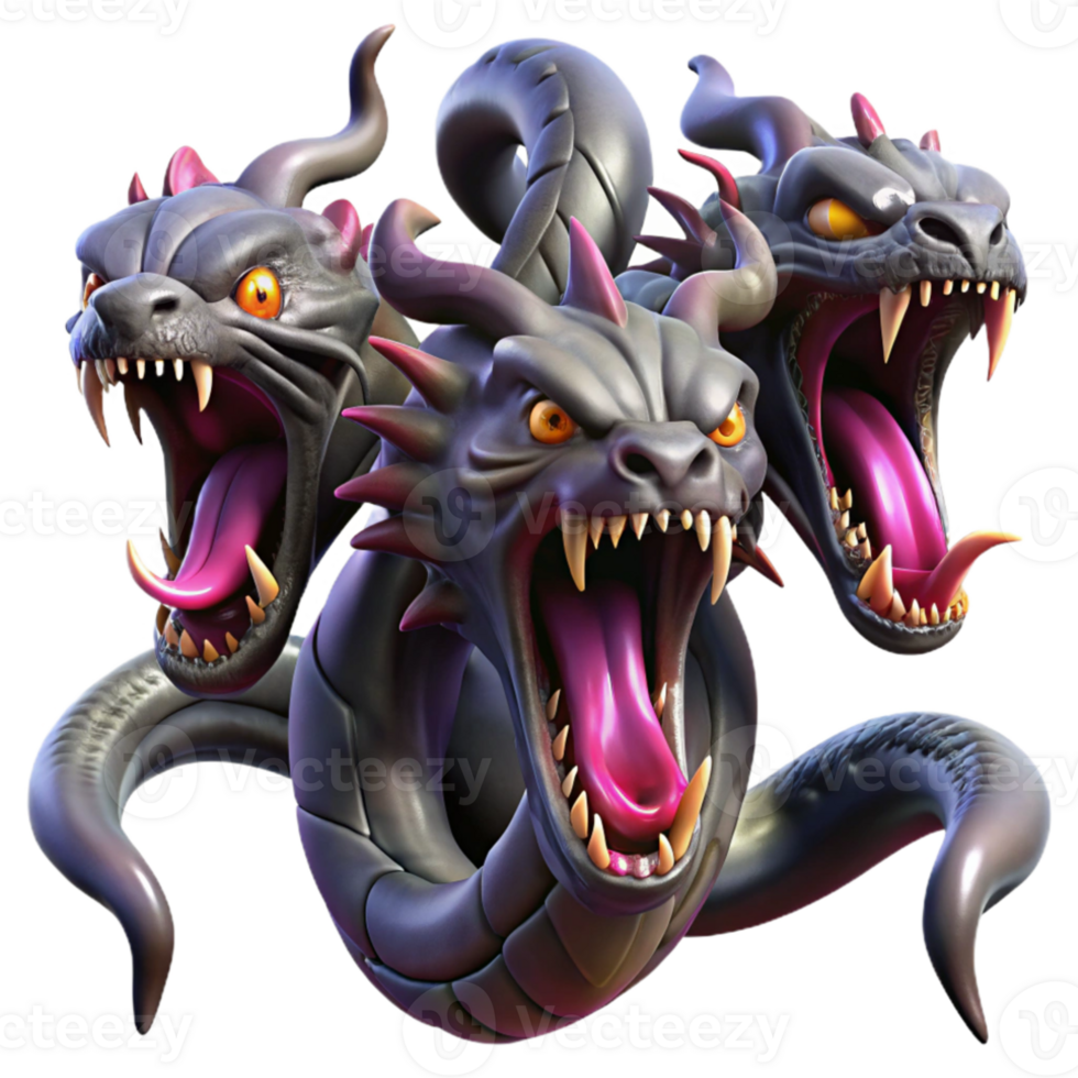 stunning rustic A fearsome hydra, with multiple serpentine heads, each dripping venom, dark and ominous lighting, fantasy art style premium png