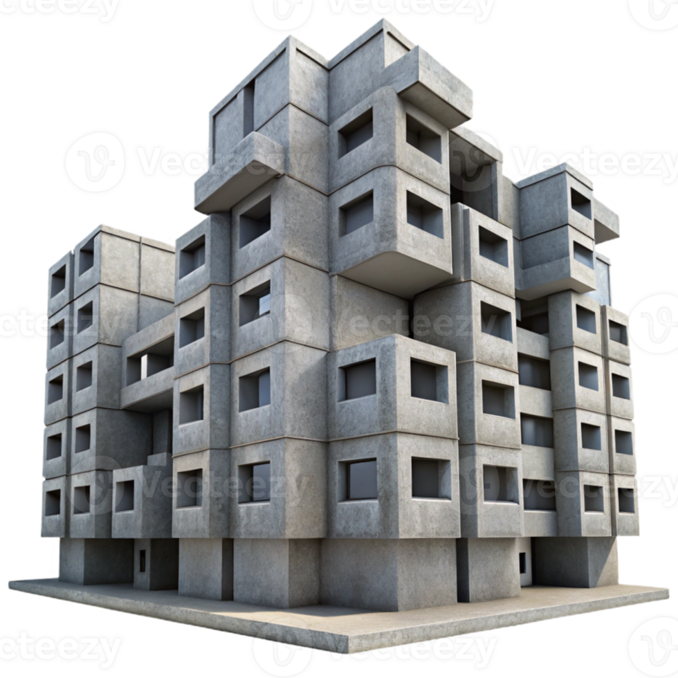 beautiful creative Brutalism style concrete apartment complex, repetitive modular units, overcast sky, gritty realism, high contrast, 4K png