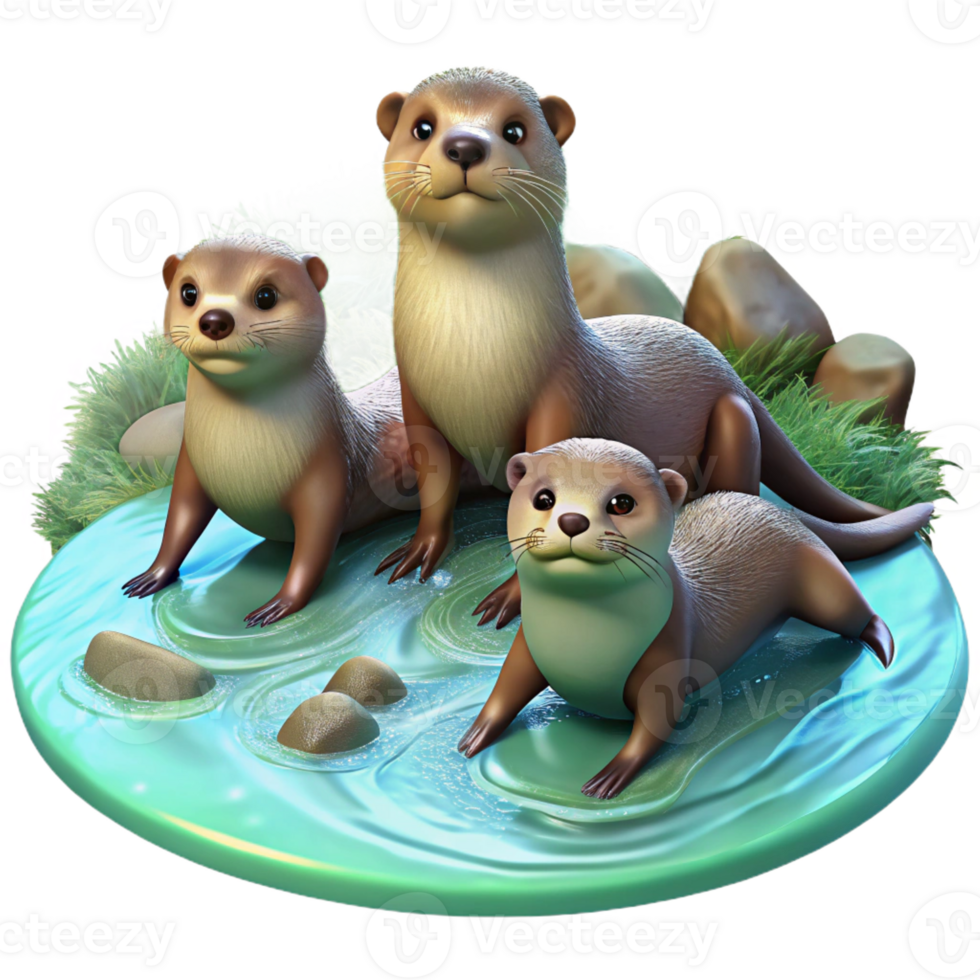 elegant modern A family of playful otters frolicking in a crystal clear river, dappled sunlight filtering through the trees, impressionist painting style genuine png