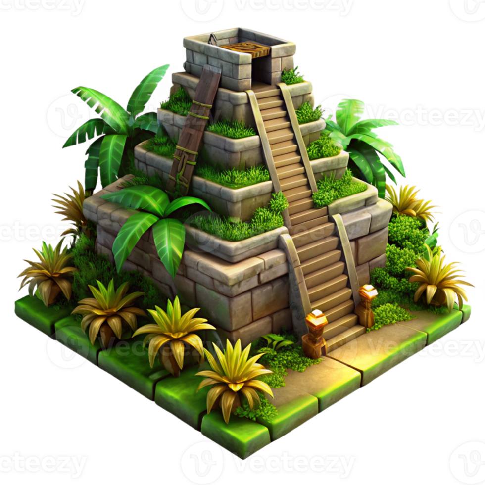 wonderful traditional An ancient ziggurat overgrown with jungle vegetation, mystical atmosphere, warm lighting, hyperrealistic rendering professional png