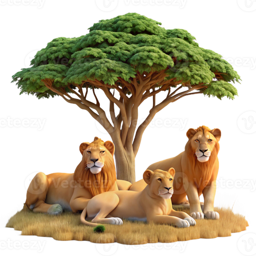 serene minimalist A pride of lions resting under the shade of an acacia tree on the African savanna, bathed in warm afternoon light, in a photorealistic style original png