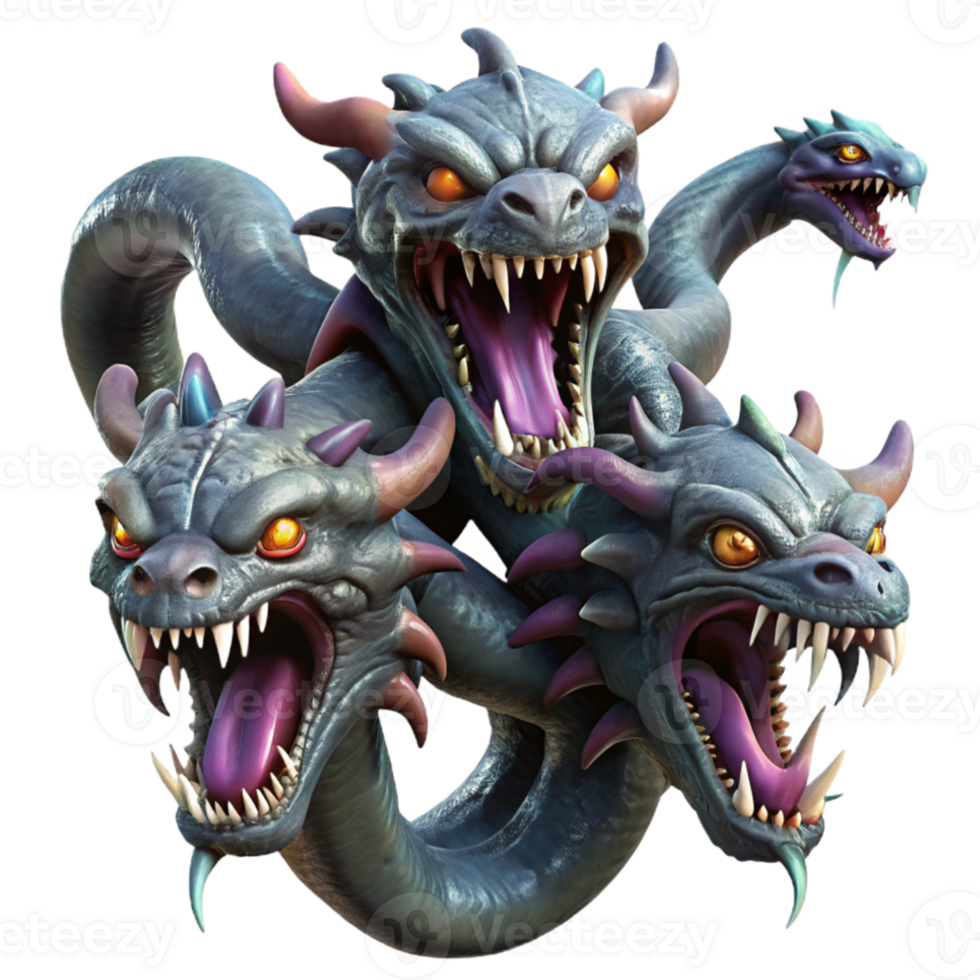 extraordinary contemporary A fearsome hydra, with multiple serpentine heads, each dripping venom, dark and ominous lighting, fantasy art style original png