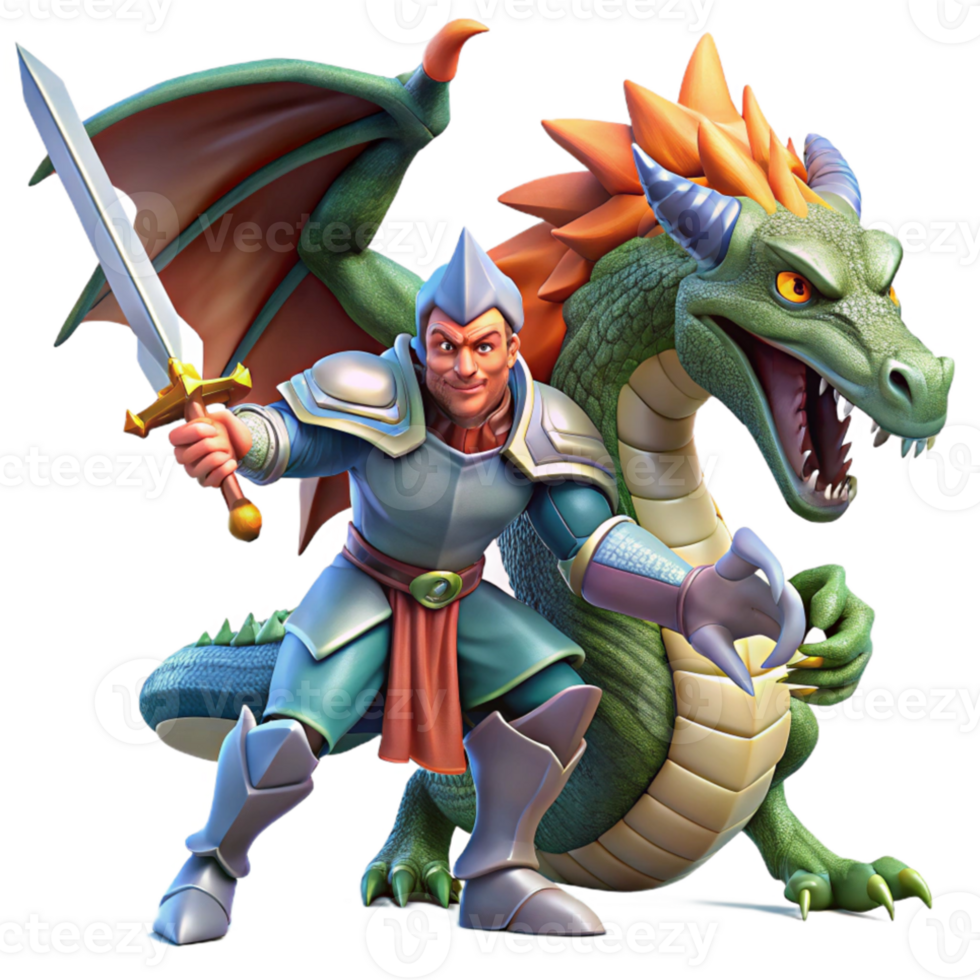 extraordinary creative A noble knight battling a fearsome dragon, his sword raised in defiance. Dynamic action scene, dramatic lighting. Fantasy art style professional png