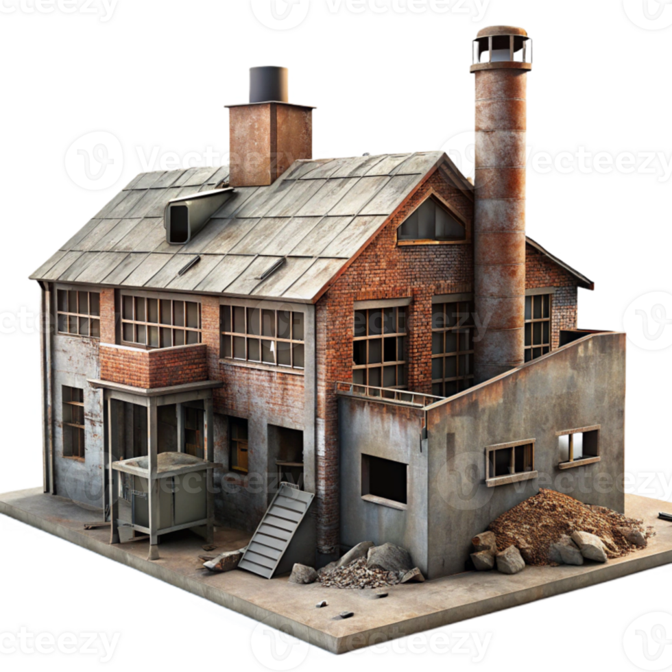 dramatic modern Abandoned industrial factory, rusty metal, broken windows, decaying concrete, gritty atmosphere, urban decay exclusive png