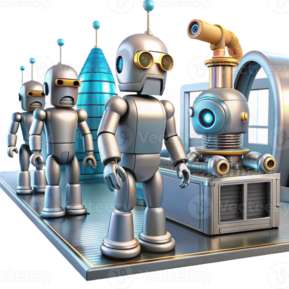 impressive traditional A group of futuristic robots working in a factory, metallic textures and moving parts, industrial lighting, sci-fi style high resolution png