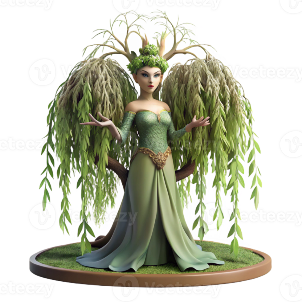 dramatic minimalist A serene dryad emerging from a giant willow tree, adorned with moss and vines, bathed in the soft, dappled light of a forest glade. Art nouveau style 4K png
