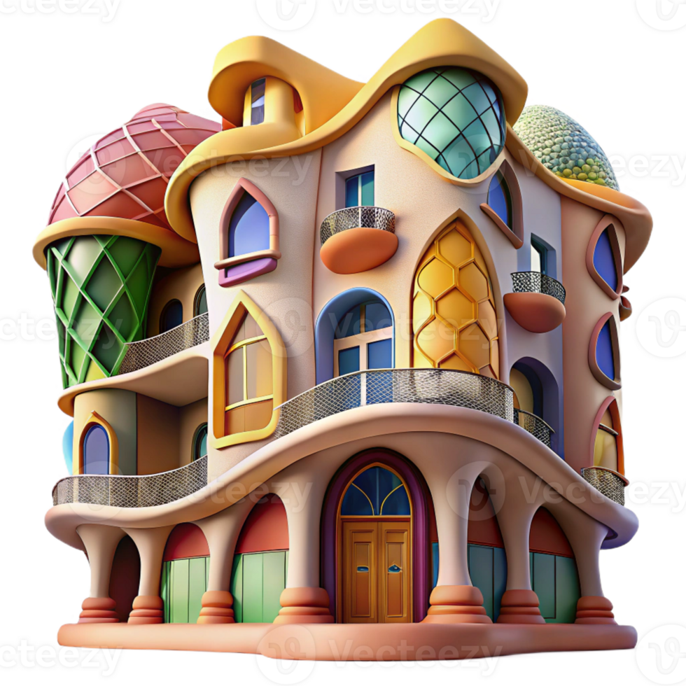 vibrant creative Gaudi-inspired apartment building, organic forms, colorful mosaics, vibrant lighting, whimsical style exclusive png