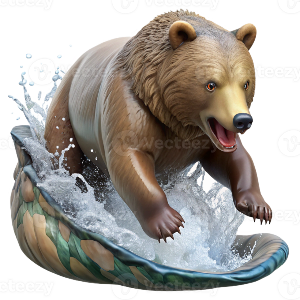 beautiful traditional A powerful grizzly bear fishing for salmon in a rushing river, dynamic splashing water with action shot, wildlife photography style professional png