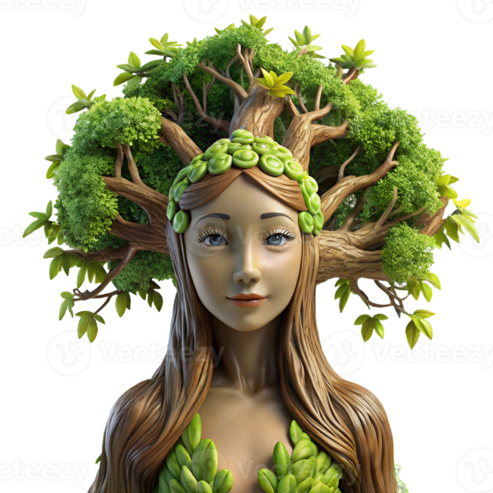 elegant traditional A serene dryad emerging from an ancient oak tree, adorned with moss and vines, sunlight dappling through leaves. Hyperrealistic style detailed png