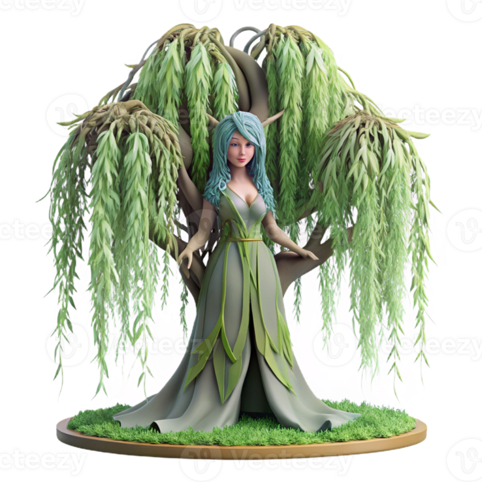 magnificent rustic A serene dryad emerging from a giant willow tree, adorned with moss and vines, bathed in the soft, dappled light of a forest glade. Art nouveau style exclusive png