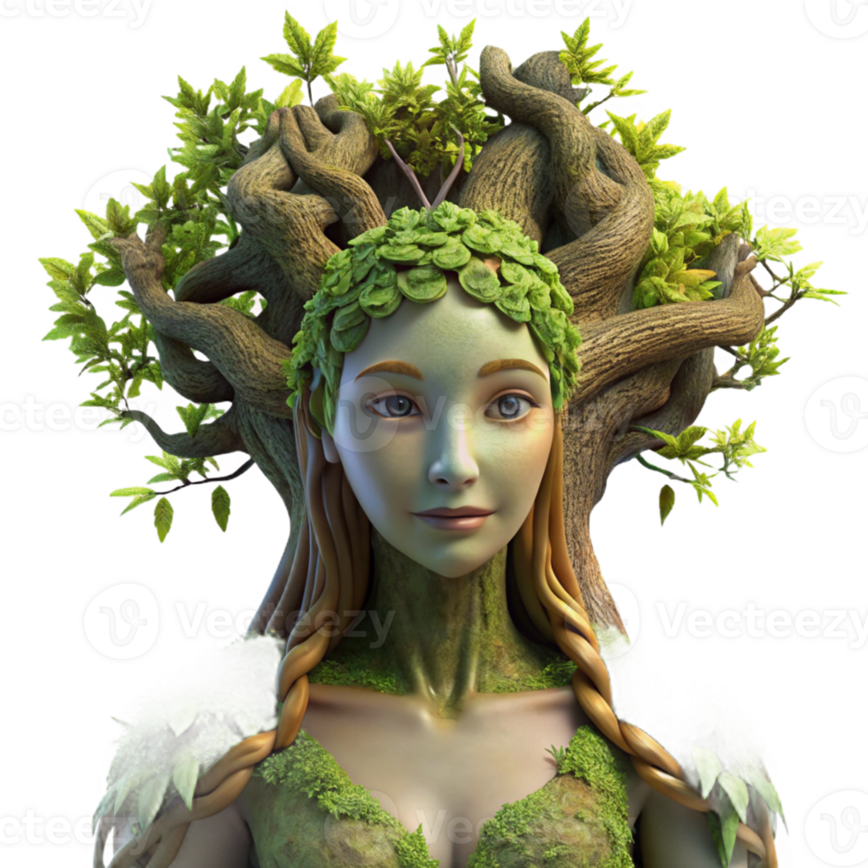 stunning traditional A serene dryad emerging from an ancient oak tree, adorned with moss and vines, sunlight dappling through leaves. Hyperrealistic style professional png