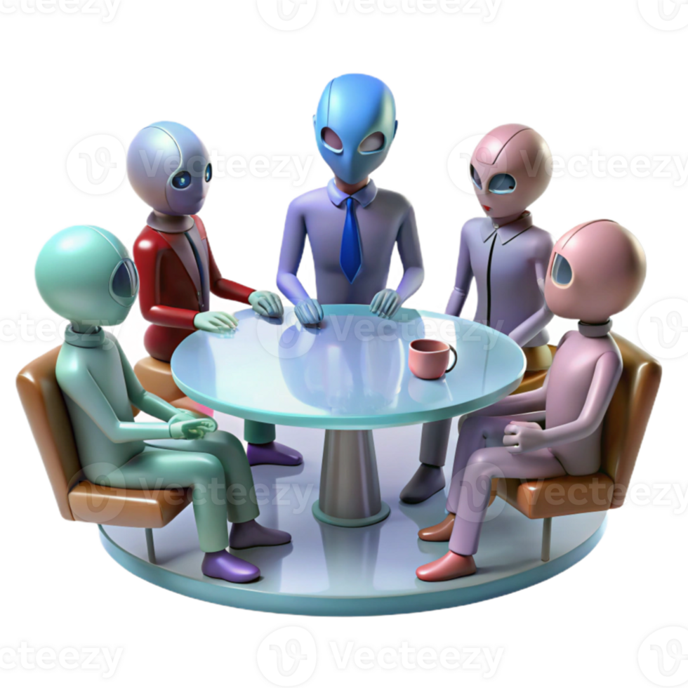 serene traditional A group of alien diplomats gathered around a holographic table, discussing interstellar politics, formal and dignified lighting, photorealistic style exclusive png