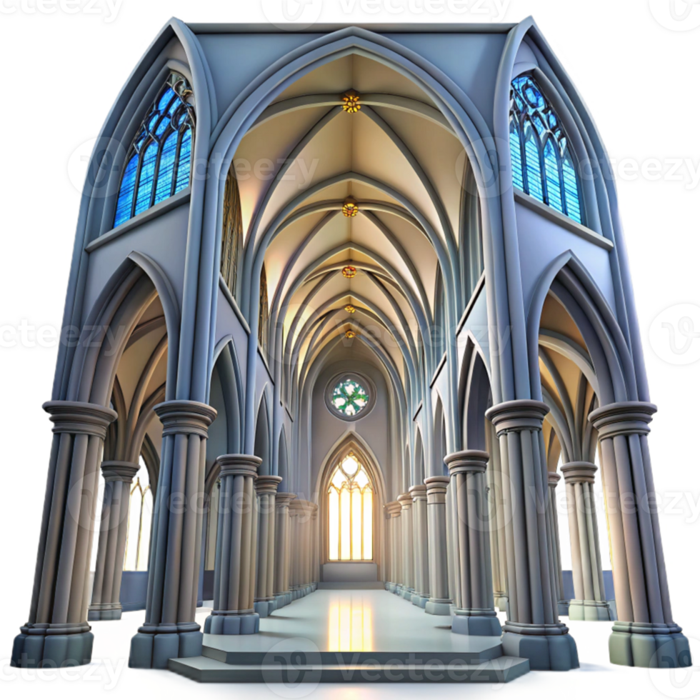 dramatic rustic Gothic cathedral interior, towering ribbed vaults, stained glass windows depicting celestial scenes, dim ethereal lighting, hyperrealistic style authentic png