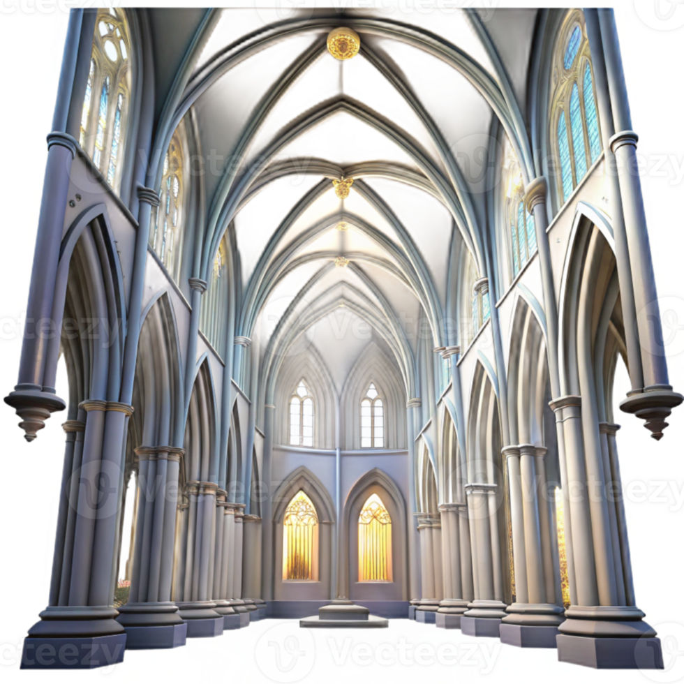 dramatic traditional Gothic cathedral interior, towering ribbed vaults, stained glass windows depicting celestial scenes, dim ethereal lighting, hyperrealistic style authentic png