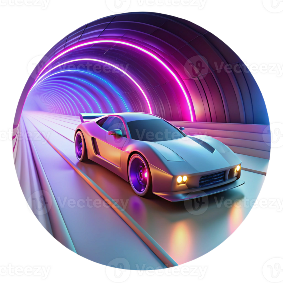 vibrant traditional A futuristic racing car speeding through a tunnel, neon lights blurring past, the car's headlights illuminating the tunnel walls. Synthwave style original png