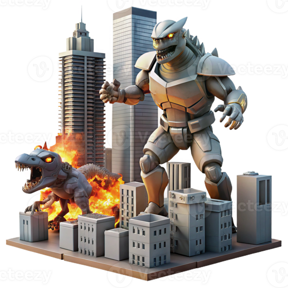 impressive minimalist A giant robot battling a giant monster in a futuristic city, buildings crumbling around them, explosions and fire illuminating the scene. Kaiju style authentic png