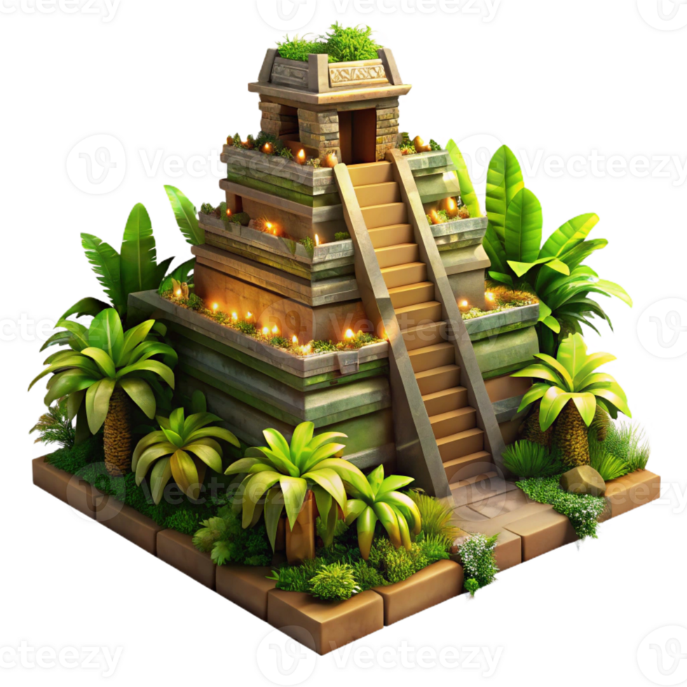 elegant traditional An ancient ziggurat overgrown with jungle vegetation, mystical atmosphere, warm lighting, hyperrealistic rendering genuine png