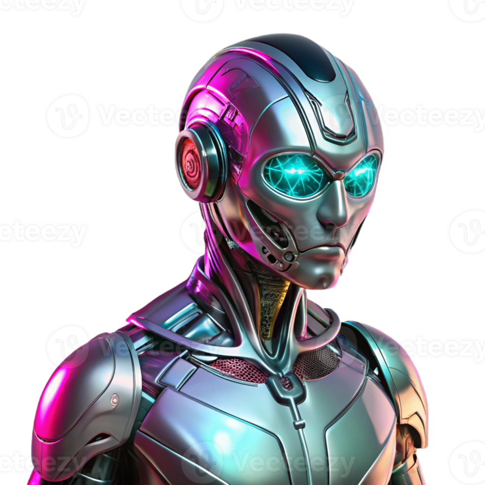 elegant vintage A lone cyborg, chrome skin reflecting neon pink and teal city lights, intricate wiring visible beneath cracked porcelain plating, gritty cyberpunk style, fisheye lens effect 4K png
