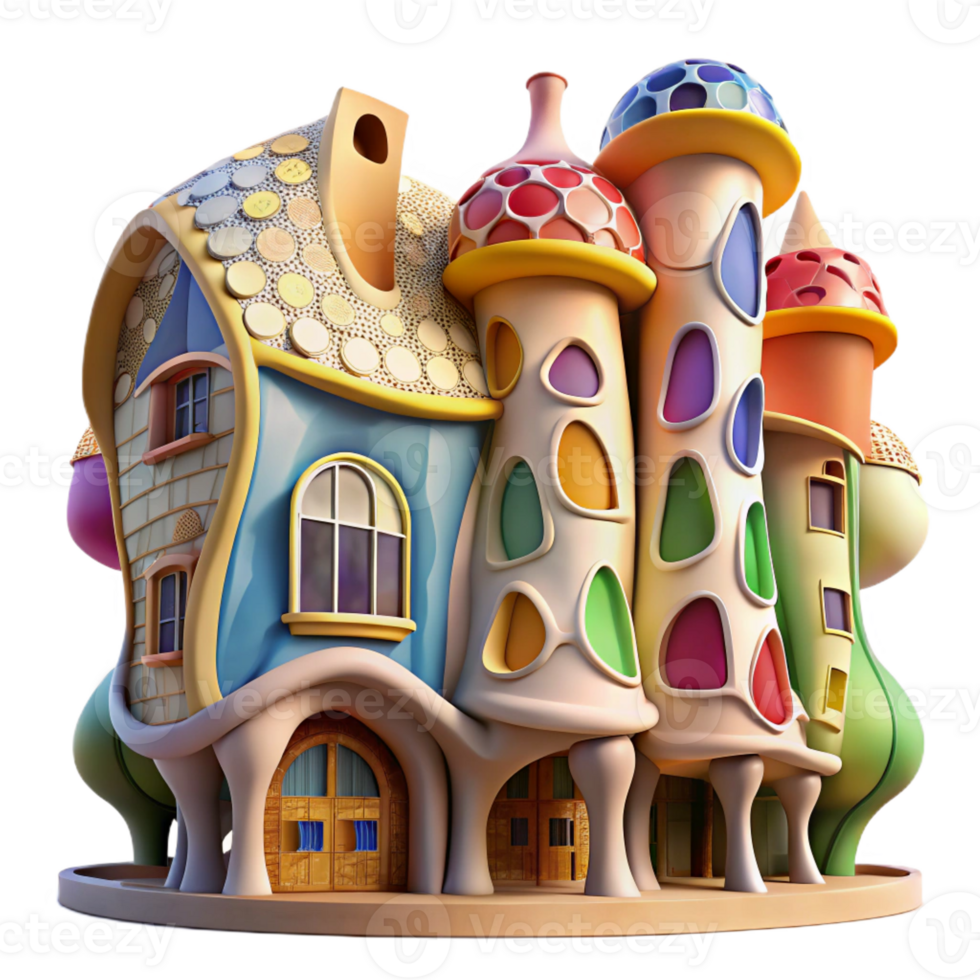 elegant creative Gaudi-inspired apartment building, organic forms, colorful mosaics, vibrant lighting, whimsical style authentic png