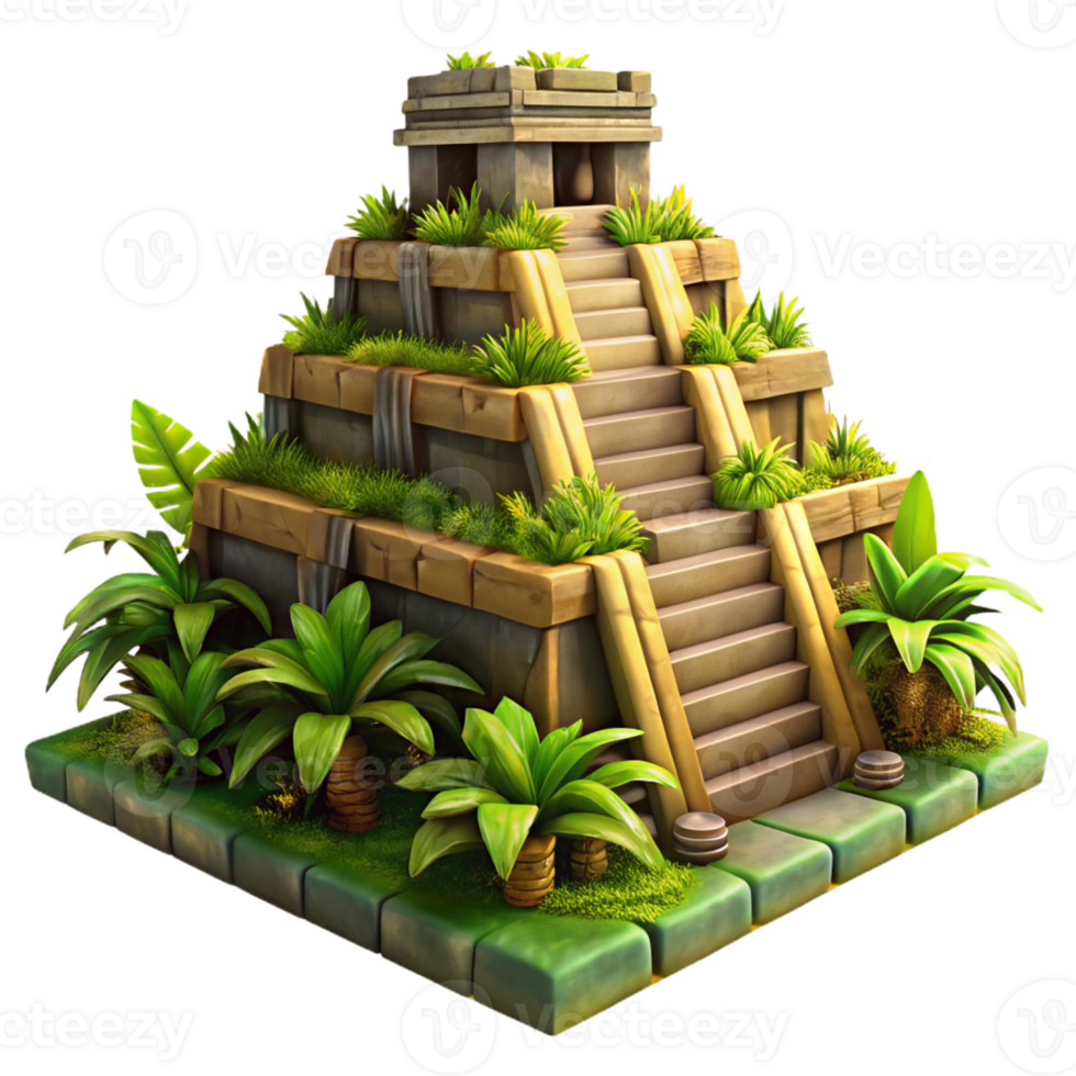 serene traditional An ancient ziggurat overgrown with jungle vegetation, mystical atmosphere, warm lighting, hyperrealistic rendering high resolution png