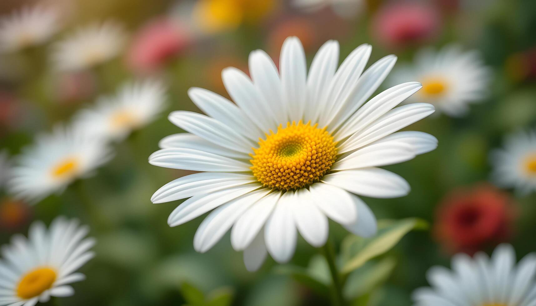 White daisies blooming in a garden surrounded by grass and flowers photo