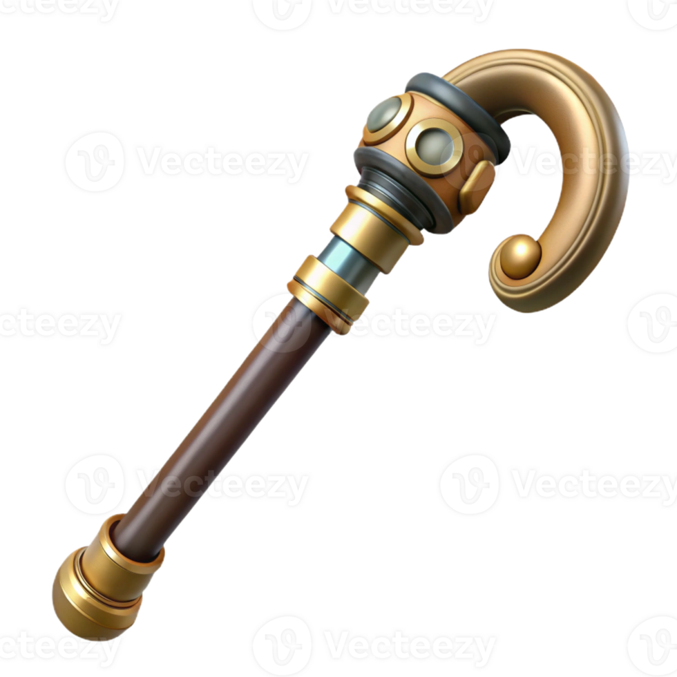 dramatic modern Steampunk cane with a brass handle and a wooden shaft detailed png