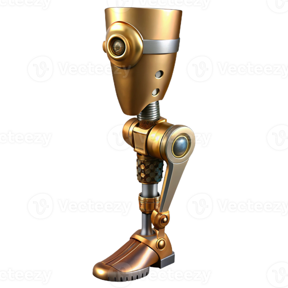 serene contemporary Steampunk prosthetic leg with articulated joints and metal plating premium png
