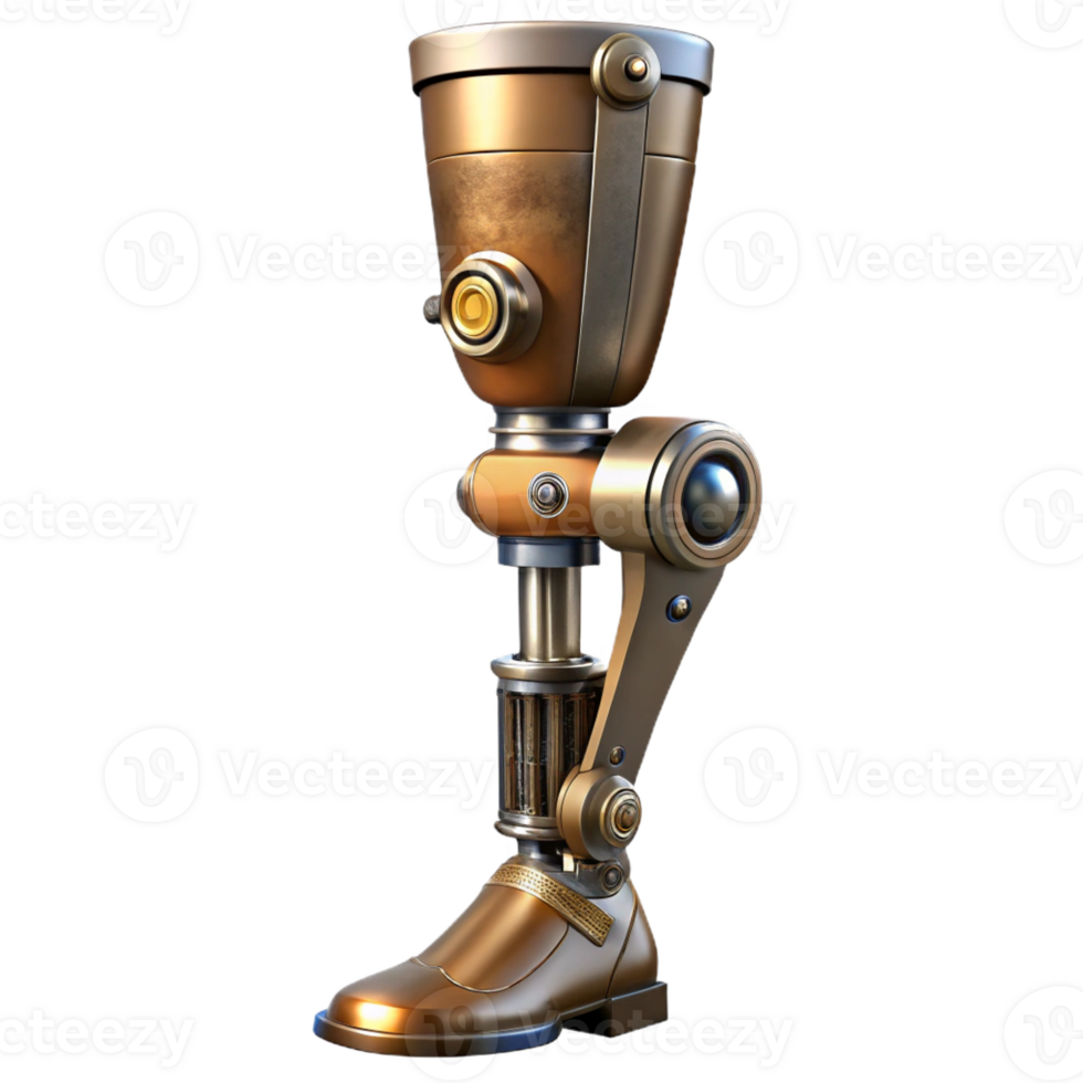 elegant rustic Steampunk prosthetic leg with articulated joints and metal plating premium png