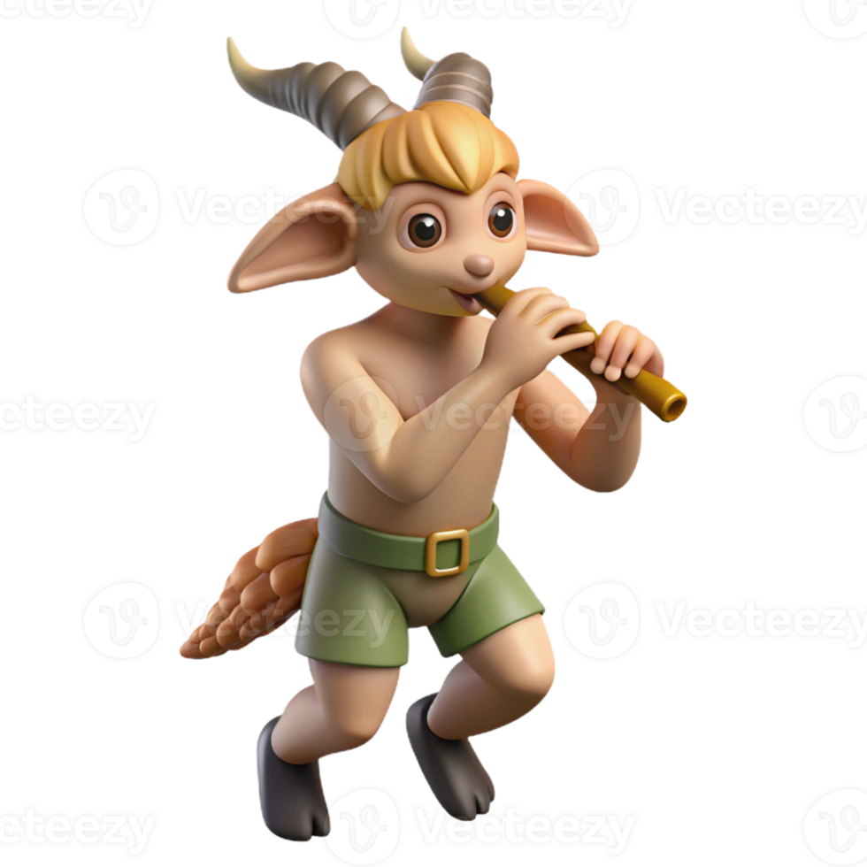 dramatic classic A playful, mischievous satyr with goat legs and pointed ears, playing a pan flute in a sun-drenched forest glade, lit by dappled sunlight. Impressionist style premium png