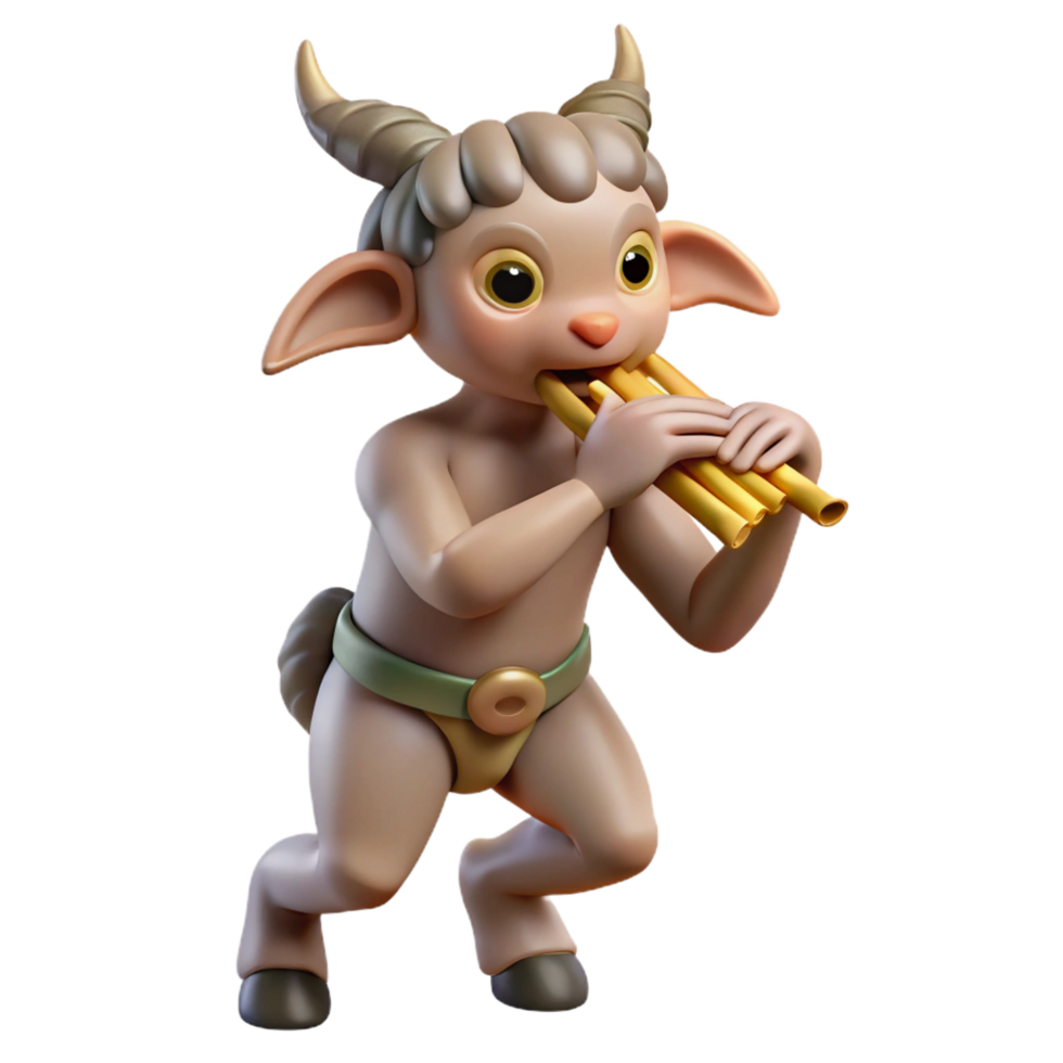 extraordinary creative A playful satyr with goat legs and a mischievous grin, playing a pan flute in a sun-drenched forest glade, illuminated by dappled sunlight in a rococo style authentic png