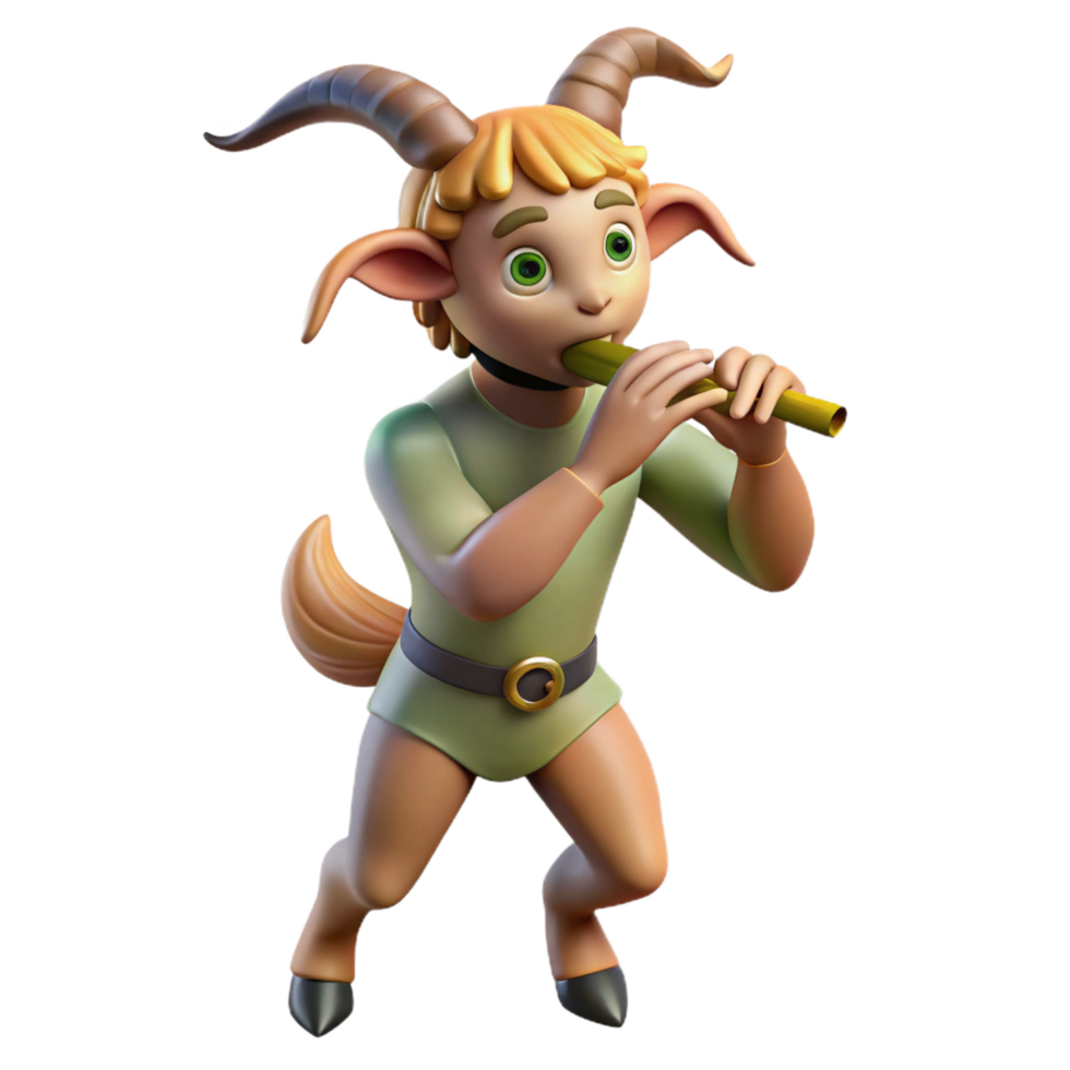 stunning traditional A playful satyr with goat legs and a mischievous grin, playing a pan flute in a sun-drenched forest glade, illuminated by dappled sunlight in a rococo style 4K png