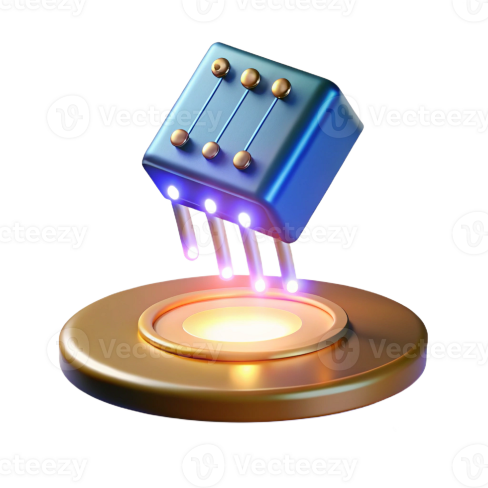 wonderful contemporary A single, glowing circuit board component, levitating in mid-air, illuminated by a spotlight, in a product photography style authentic png