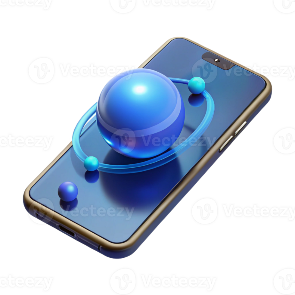 magnificent traditional A levitating transparent smartphone displaying a 3D model of the solar system, illuminated by a cool blue light, in a minimalist style high quality png