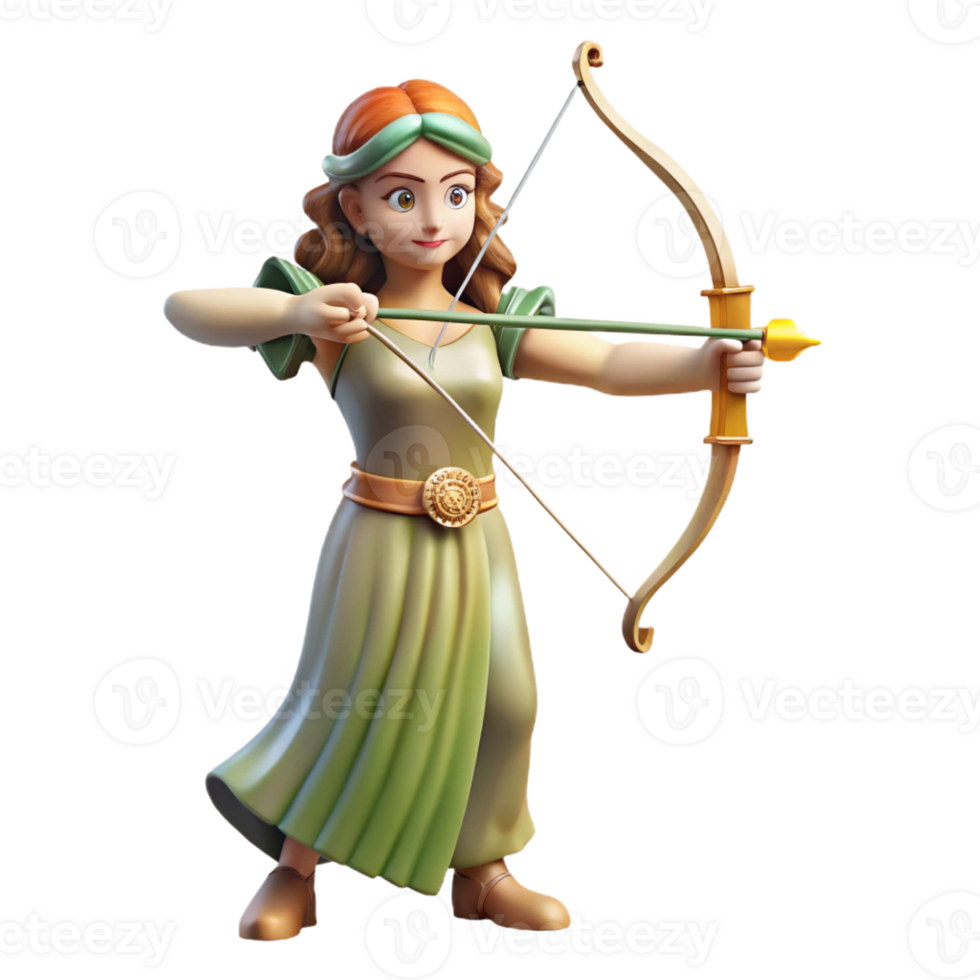 dramatic contemporary Artemis, Goddess of the Hunt, with a bow and arrow high resolution png