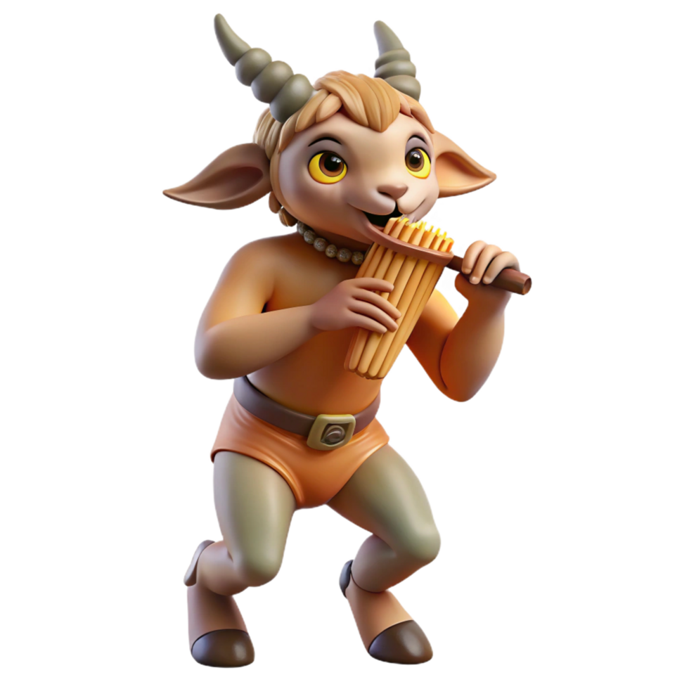 magnificent creative A playful satyr with goat legs and a mischievous grin, playing a pan flute in a sun-drenched forest glade, illuminated by dappled sunlight in a rococo style exclusive png