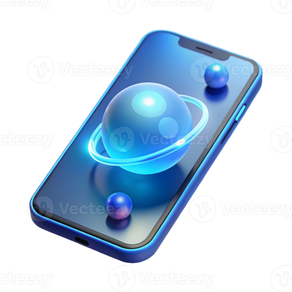 extraordinary traditional A levitating transparent smartphone displaying a 3D model of the solar system, illuminated by a cool blue light, in a minimalist style exclusive png