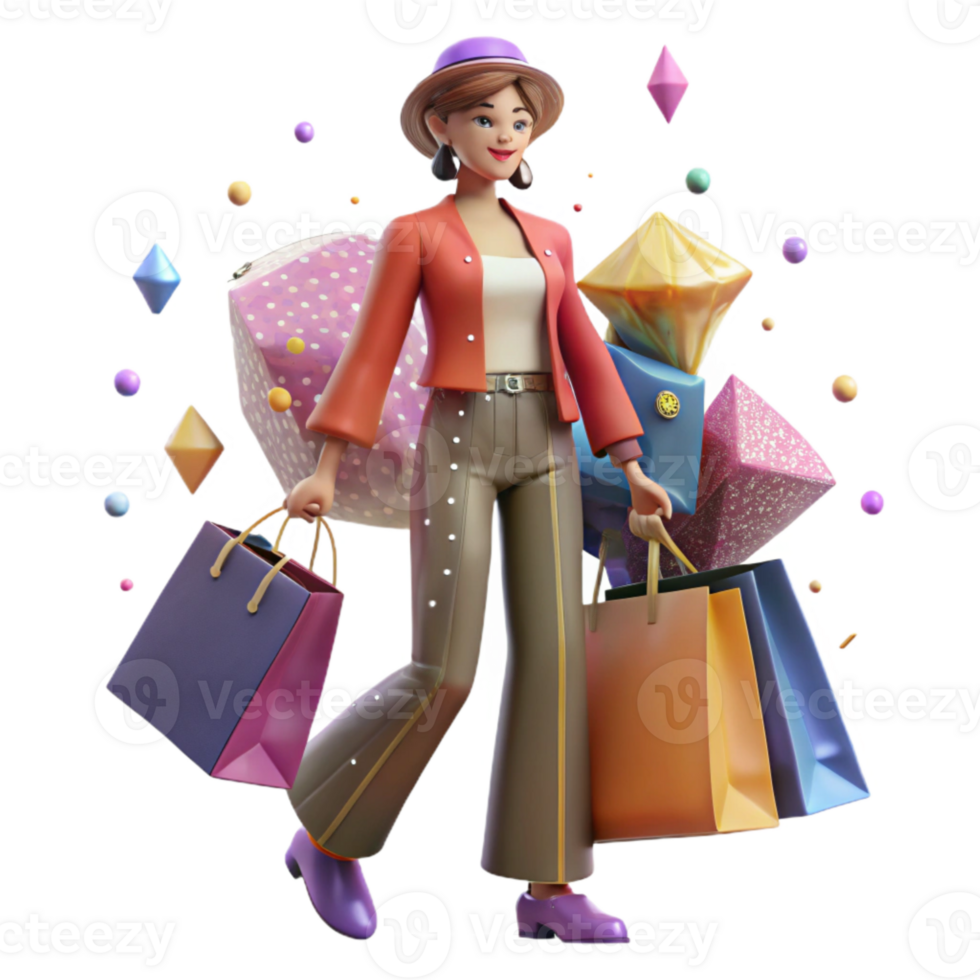 dramatic modern Fashion Model with Shopping Bags Isolated for Retail Marketing premium png