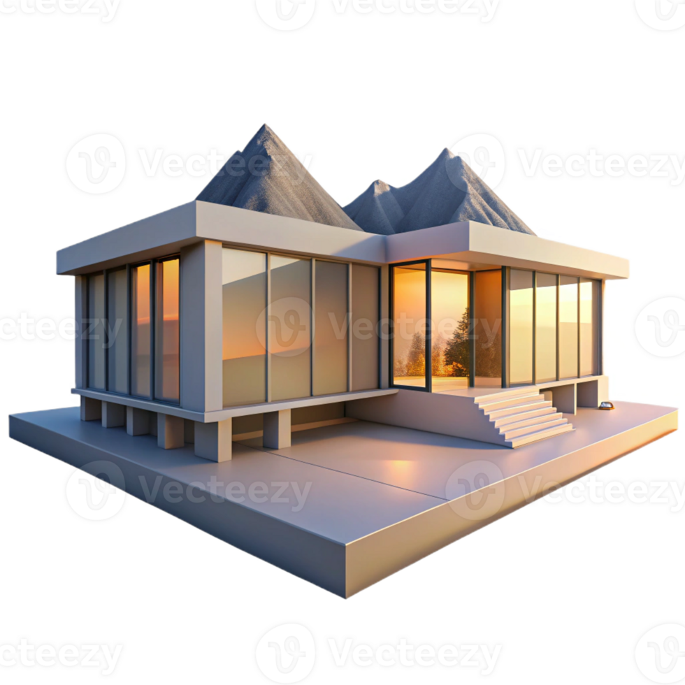 impressive artistic Modernist house with floor-to-ceiling windows, panoramic mountain view, sunset lighting, minimalist style authentic png