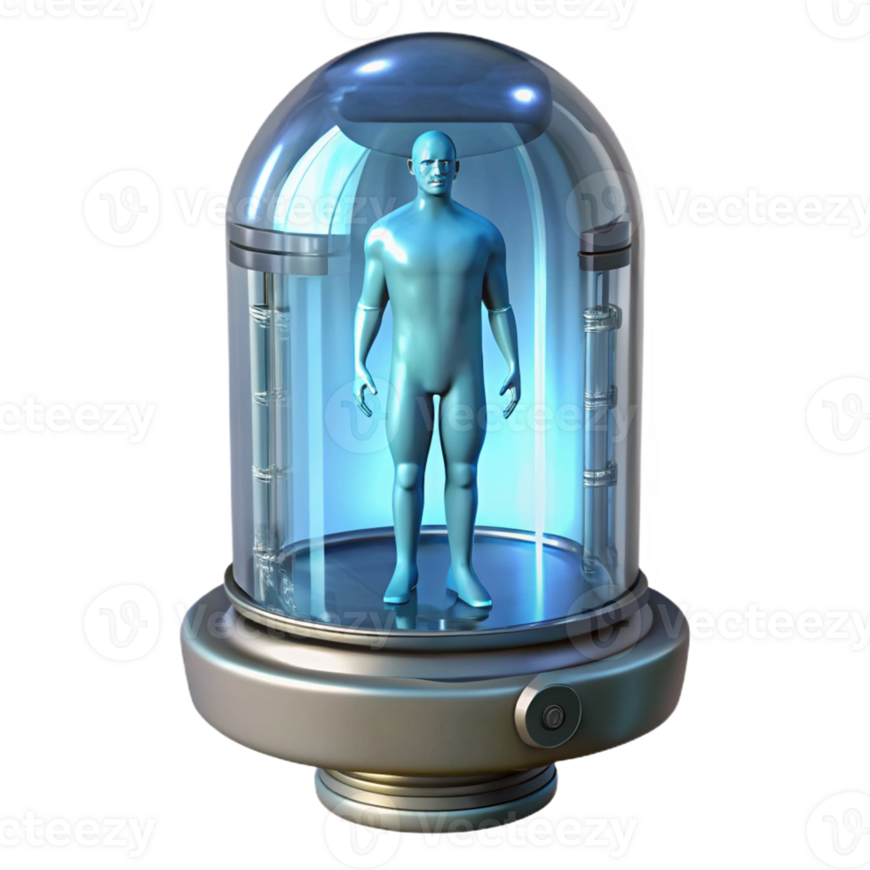 stunning minimalist Cryogenic stasis pod, transparent, human silhouette inside detailed png
